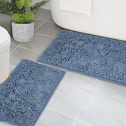 Bathroom Rugs Chenille Bath mat 2 Piece Set, Super Absorbent, PVC Non Slip Backing, Bath mats for Bathroom, Plush Shaggy, Thick, Machine Washable, Bathtub, Shower, Toilet.(Medium Blue)