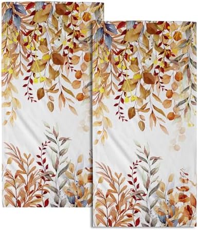 Fall Leaves Hand Towels Set of 2, 28x14 Inch Watercolor Orange Eucalyptus Leaf Plants Super Soft Highly Absorbent Dish Cloth for Kitchen Spa Bathroom Gym Seasonal Home Decor