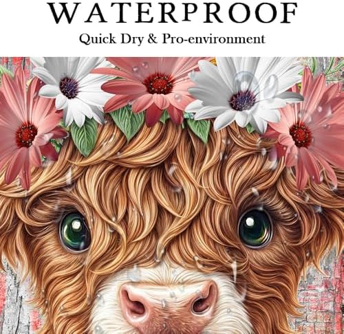 Funny Highland Cow Shower Curtain for Bathroom, Western Rustic Wood Farmhouse Bull Pink Floral Butterfly Country Flower Plant Art Printed Fabric Polyester Waterproof 12 Pack Plastic Hooks 54X72in