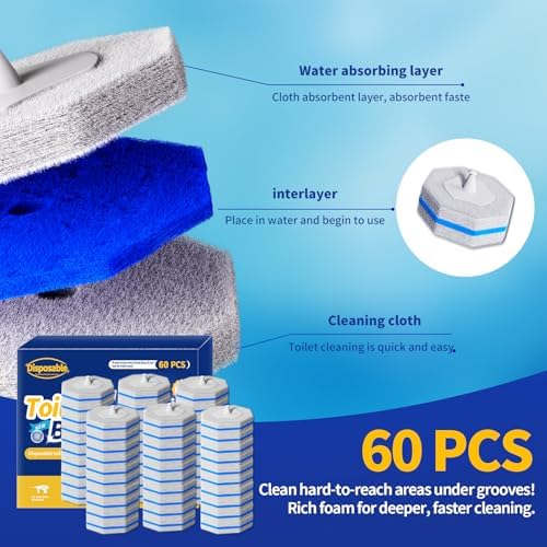60pcs Disposable Toilet Brush Refill Pads, Replacement Brush Heads, Toilet Cleaner Refills，Disposable Wand Heads，Bathroom Cleaning，Toilet Cleaning Scrubbers Compatible with Most Toilet Brushes