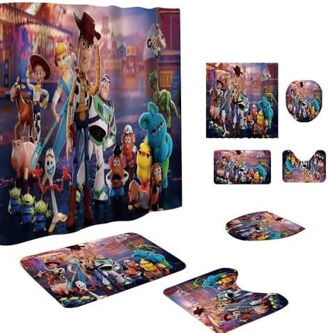 Cute Cartoon Shower Curtain Set 4 Piece with Non-Slip Rugs, Toilet Lid Cover and Bath Mat Cartoon Bathroom Decor 72 x 72inch (Toy)