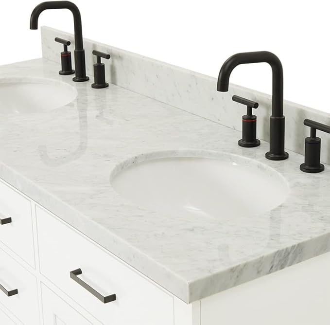 ARIEL Hepburn 60-inch Bathroom Vanity with Sink,Solid Wood, 1.5-inch Italian Carrara Marble Countertop & Backsplash, Double Oval Porcelain Sink, 4 Soft Closing Doors, 6 Dovetail Drawers, White