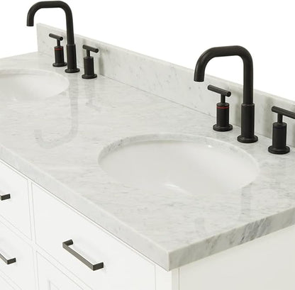 ARIEL Hepburn 60-inch Bathroom Vanity with Sink,Solid Wood, 1.5-inch Italian Carrara Marble Countertop & Backsplash, Double Oval Porcelain Sink, 4 Soft Closing Doors, 6 Dovetail Drawers, White