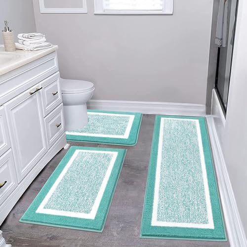Pauwer Bathroom Rugs 3 Piece Set, Non Slip Washable Bath Mat, Teal