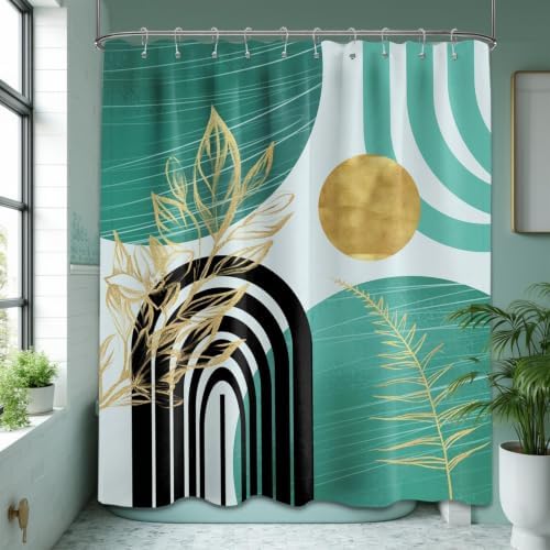 Teal and Gold Shower Curtain, 60X72 in, Mid Century Modern Turquoise
