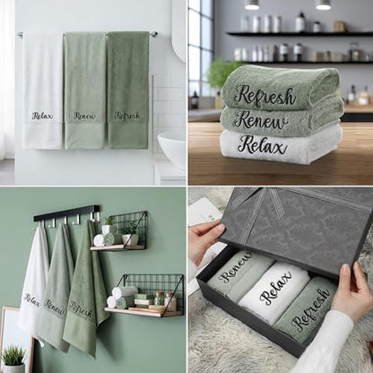 Tiamon 3 Pcs Bathroom Towel Decorative Set 100% Cotton Fluffy Bath Hand Towels for Guest Gifts Farmhouse Kitchen Hand Towels Home(White, Light Green, Dark Green,30 x 13 Inch,Relax Renew Refresh)