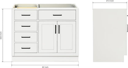 ARIEL Hepburn 42-inch Bathroom Vanity Base Cabinet,Solid Wood, 2 Soft Closing Doors, 5 Dovetail Drawers, White