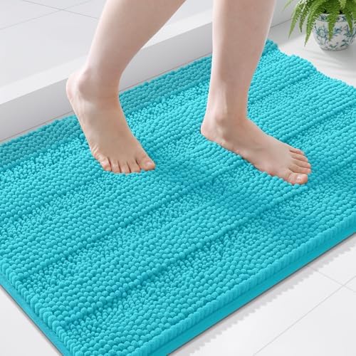Grandaily Chenille Striped Bathroom Rugs 44x24, Extra Thick and Soft Absorbent Bath Mats, Rubber Backing, Plush Shaggy Shower Carpet, Machine Wash Dry, Bath Rug for Bathroom, Aqua Sky