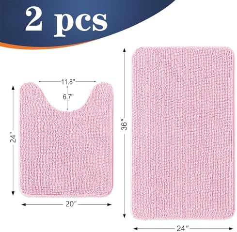 OLANLY Chenille Bathroom Rugs Mats Sets 2 Piece, 36"x24"+24"x20", Pink