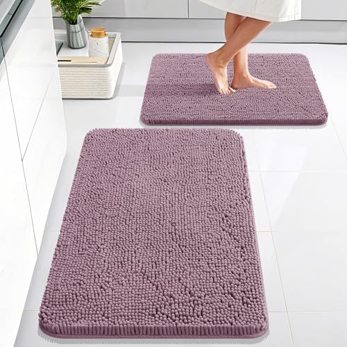 OLANLY Chenille Bathroom Rugs Mats Sets 2 Piece, 30"x20"+24"x16", Deep Plum
