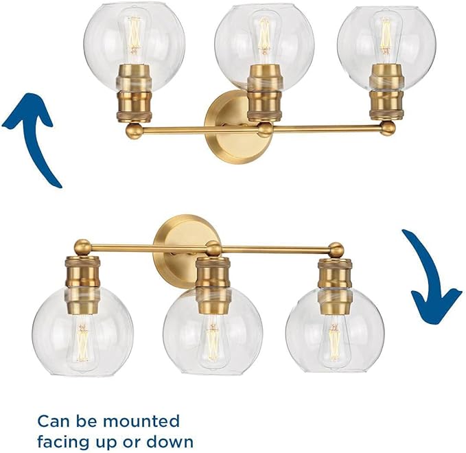 Hansford Collection 3-Light Clear Glass Farmhouse Bath Vanity Light Vintage Brass