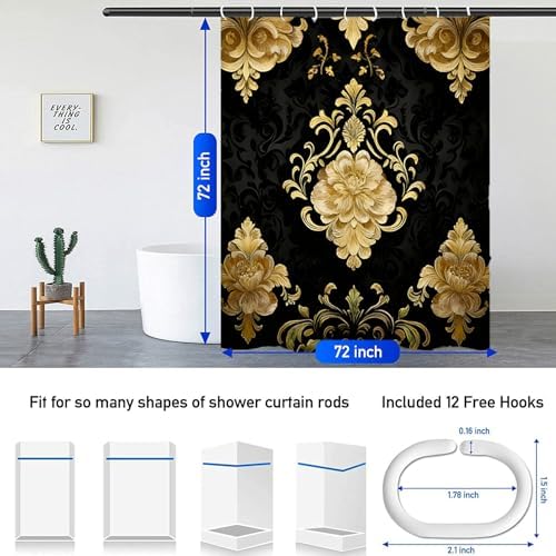 NBVKO 4Pcs Luxury Damascus Gold Flower Shower Curtain Set with 12 Hooks Non-Slip Rugs,Toilet Lid Cover and Bath Mat,Dark Gold Bathroom Decor for Hotel & Home Bathroom