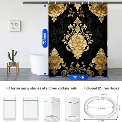 NBVKO 4Pcs Luxury Damascus Gold Flower Shower Curtain Set with 12 Hooks Non-Slip Rugs,Toilet Lid Cover and Bath Mat,Dark Gold Bathroom Decor for Hotel & Home Bathroom