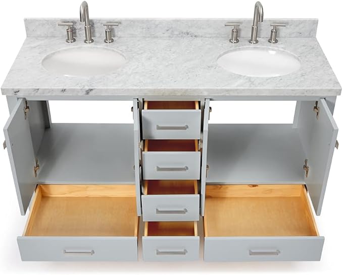 ARIEL Cambridge 60-inch Bathroom Vanity with Sink,Solid Wood, 1.5-inch Italian Carrara Marble Countertop & Backsplash, Double Oval Porcelain Sink, 4 Soft Closing Doors, 6 Dovetail Drawers, Grey