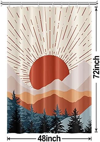 Stall Shower Curtain, Mid Century Boho Sunrise Small Shower Curtain Waterproof Abstract Terracotta Mountain Forest Narrow Shower Curtain Set with Hooks, 48x72 Inch