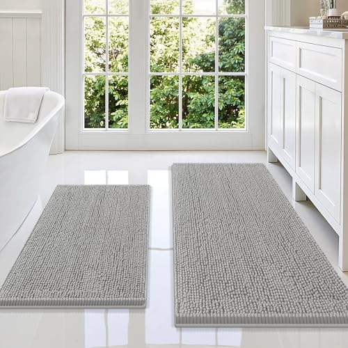 Smiry Chenille Bathroom Rugs Sets 2 Piece (47x20+30x20, Light Grey)