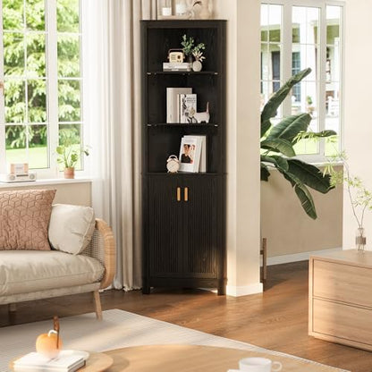 INNOD 69" Tall Corner Shelf with Doors, 6-Tier Corner Storage Cabinet with Doors, Space Saver Shelf for Bathroom, Bathroom Floor Cabinet for Living Room Kitchen, Hallway