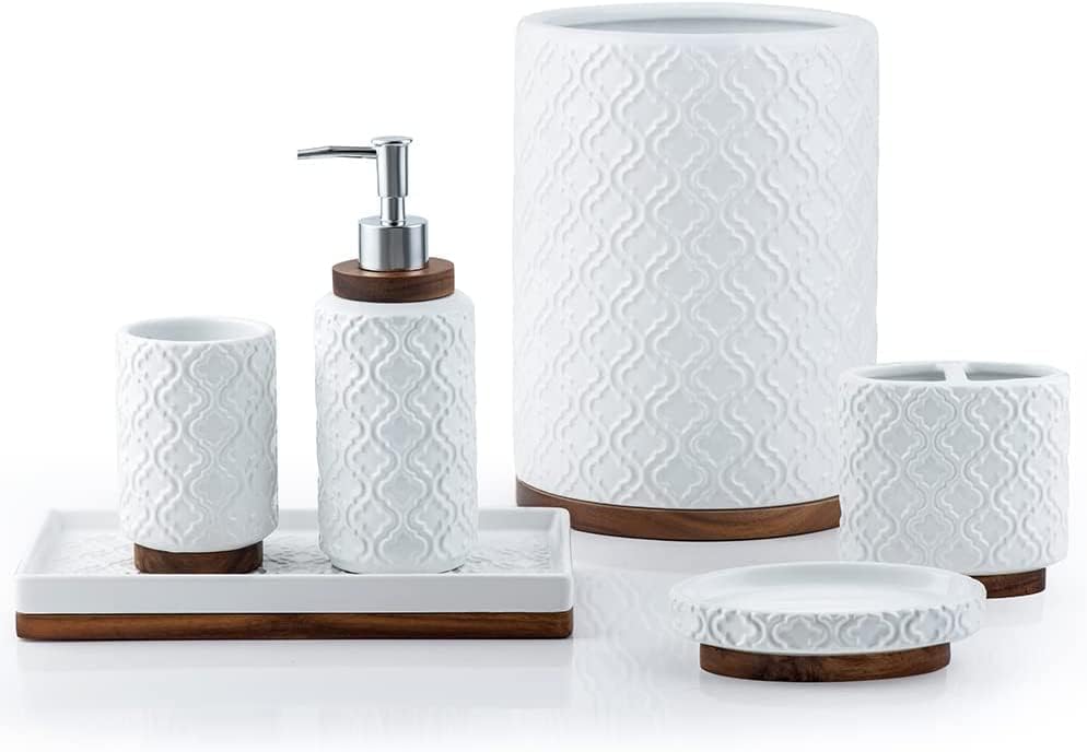 RQYIXI Ceramic Bathroom Accessories Set,White,6 Piece,Embossed Design