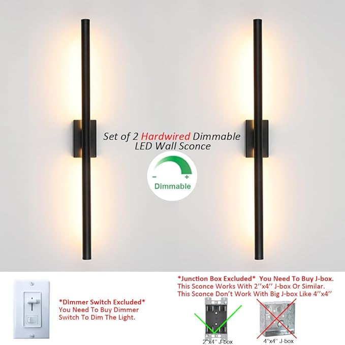Only Suitable for Small Junction Box Hardwired Minimalist Dimmable Black Tube Linear Wall Sconce 24 Inch Mirror Vanity Light for Bathroom Living Room Bedroom Corridor (2 Pack, 24'', Black, Dimmable)