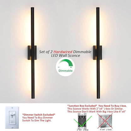 Only Suitable for Small Junction Box Hardwired Minimalist Dimmable Black Tube Linear Wall Sconce 24 Inch Mirror Vanity Light for Bathroom Living Room Bedroom Corridor (2 Pack, 24'', Black, Dimmable)