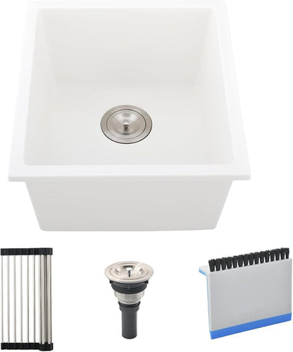 Undermount Bar Sink, 19x19 Inch White Granite Quartz Composite | Small Kitchen Sink Wet Bar Single Bowl Square Deep Basin with Squeegee Brush Combo