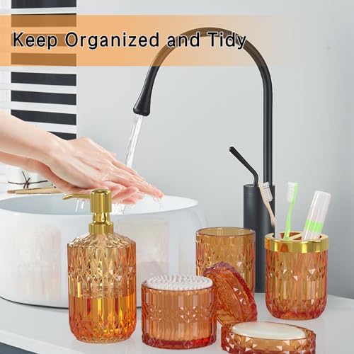 Orange Glass Bathroom Accessories Set 5 Pcs, Orange Bathroom Set, Soap Dispenser and Toothbrush Holder Set, Qtip Holder Set, Vintage Bathroom Sink Set, Cute Bathroom Decor
