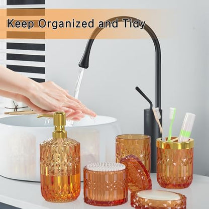 Orange Glass Bathroom Accessories Set 5 Pcs, Orange Bathroom Set, Soap Dispenser and Toothbrush Holder Set, Qtip Holder Set, Vintage Bathroom Sink Set, Cute Bathroom Decor