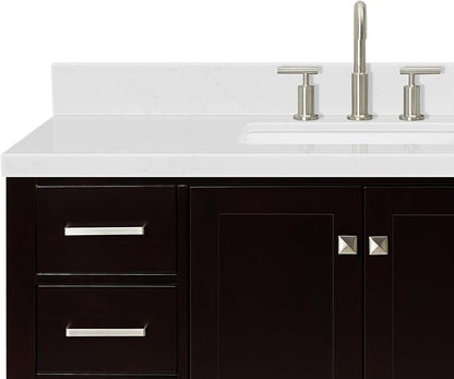 Beckford 48-Inch Bathroom Vanity with Sink — Espresso Single Sink Bathroom Vanity, 1.5" Edge Carrara White Quartz Countertop, Solid Wood, 2 Soft-Close Doors, 9 Dovetail Drawers