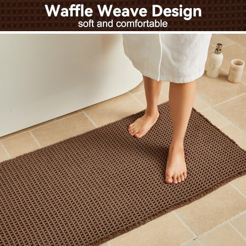 Triohero Waffle Bath Mat, Small Boho Bathroom Rugs Non Slip 16x24 Mocha