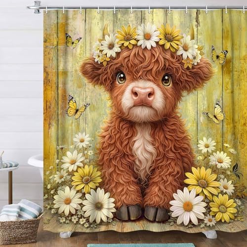 Cute Cow Shower Curtain, Farmhouse Rustic Yellow Floral Daisy Highland Cow Shower Curtains for Bathroom, Calf Country Farm Animal Garden Plant Fabric Bathroom Decor with Hooks, 70x72 inch