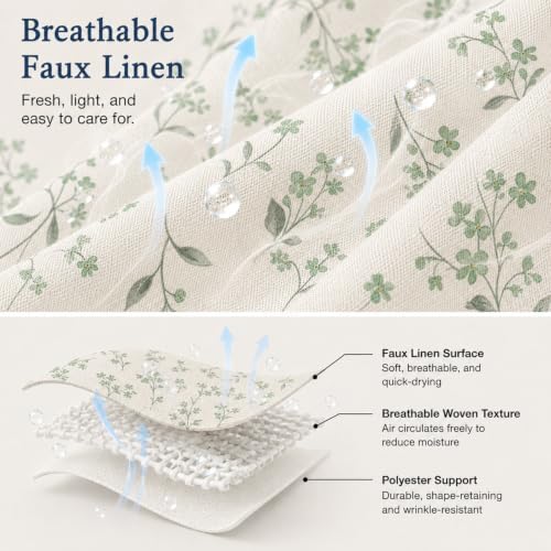 Green Floral Farmhouse Shower Curtain, Vintage Botanical Bathroom Curtain, Rustic Country Wildflower Bath Decor Linen Texture Waterproof Fabric Curtains, Sage Green Floral Bath Curtain 72 x 72 Inch