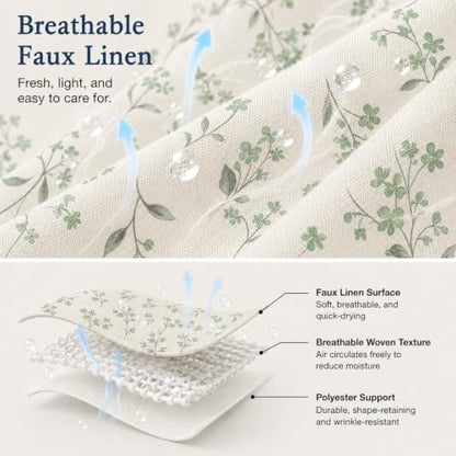 Green Floral Farmhouse Shower Curtain, Vintage Botanical Bathroom Curtain, Rustic Country Wildflower Bath Decor Linen Texture Waterproof Fabric Curtains, Sage Green Floral Bath Curtain 72 x 72 Inch