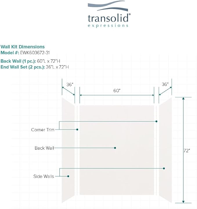 Transolid Expressions 3-Panel Shower Wall Kit | 36×60×72-in | White | Easy Install Alcove Surround