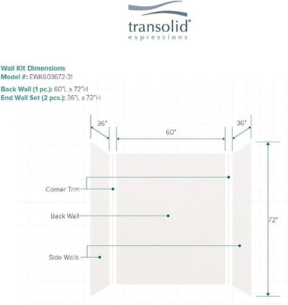 Transolid Expressions 3-Panel Shower Wall Kit | 36×60×72-in | White | Easy Install Alcove Surround