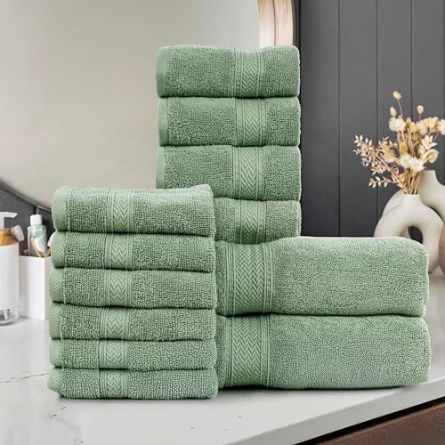 HILLFAIR Premium 100% Combed Cotton 12 Piece Bath Towels Set - Sage