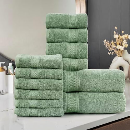 HILLFAIR Premium 100% Combed Cotton 12 Piece Bath Towels Set - Sage
