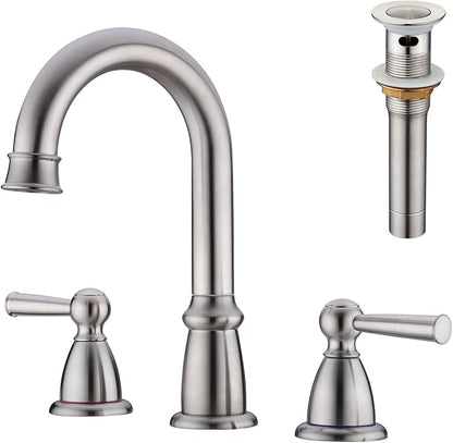 CREA Widespread Bathroom Faucet 3 Hole 8 inch Faucet Brushed Nickel with Pop Up Drain 2 Handle 4 inch Sink Faucets for Vanity Lavatory Basin Restroom Bath