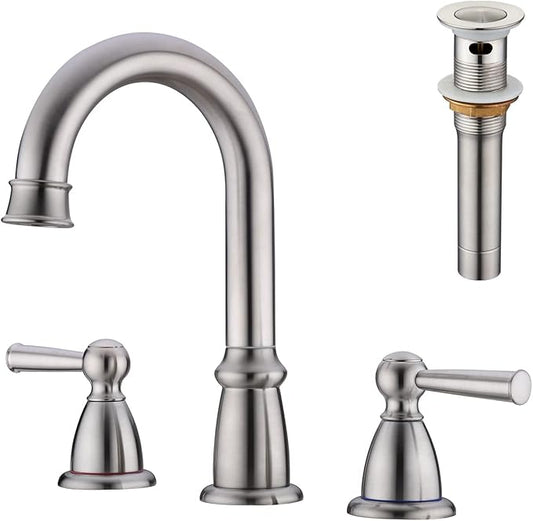 CREA Widespread Bathroom Faucet 3 Hole 8 inch Faucet Brushed Nickel with Pop Up Drain 2 Handle 4 inch Sink Faucets for Vanity Lavatory Basin Restroom Bath