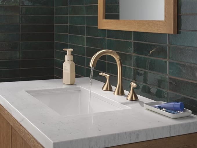 Delta Bonacci Brushed Gold Bathroom Faucet 3 Hole, 8 Inch Widespread Bathroom Sink Faucet for Vanity, Metal Push-Pop Drain Assembly, Lumicoat Champagne Bronze 3545-CZ-PR-DST