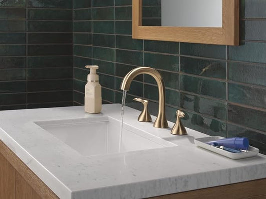 Delta Bonacci Brushed Gold Bathroom Faucet 3 Hole, 8 Inch Widespread Bathroom Sink Faucet for Vanity, Metal Push-Pop Drain Assembly, Lumicoat Champagne Bronze 3545-CZ-PR-DST