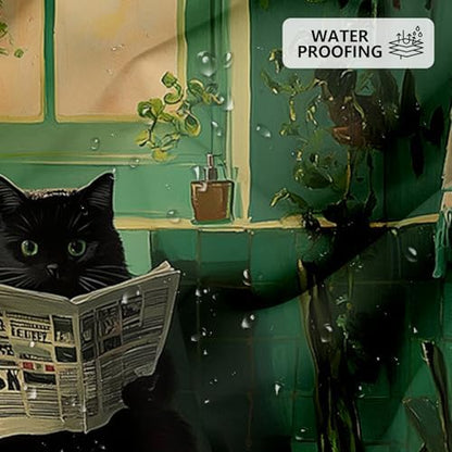 APROPHIC Funny Cat Shower Curtain, Green Shower Curtain for Bathroom, Balck Cat Reading Newspaper Print Bathroom Curtain Decor Waterproof Fabric with 12 Hooks, 72x72 Inch