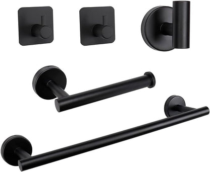 TocTen Bathroom Hardware Set, Thick Stainless Steel Bath Towel Bar Set Including Towel Rack for Bathroom+Toilet Paper Holder+3 Robe Towel Hooks Wall Mount Bathroom Accessory Set(16IN,Matte Black)