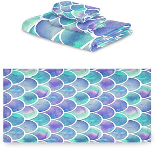 Naanle Chic Watercolor Rainbow Scales of Mermaid Soft Luxury Decorative 3 Pieces Set Towels, 1 Bath Towel+1 Hand Towel+1 Washcloth, Multipurpose for Bathroom, Hotel, Gym, Spa and Beach