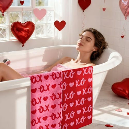 Whaline Valentine's Day Hand Towels Cotton Bathroom Towel Red Pink Heart Decorative Absorbent Bath Towel for Kitchen Dish Drying Cleaning Cooking Wedding, 29.5 x 13.4 Inch, 2Pcs