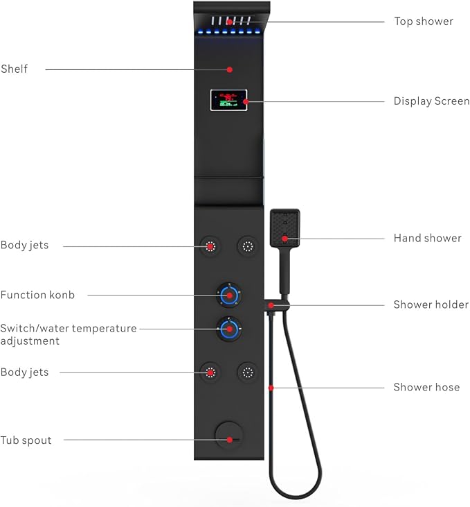 ELLO&ALLO LED Shower Panel Tower System with Shelf, Rainfall Shower Head and Rain Massage System with Body Jets, Stainless Steel Bathroom Fixtures, Matte Black&Slive