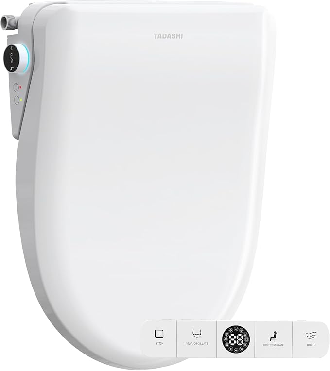 Tadashi Bidet Toilet Seat Elongated, Heated Toilet Seat, Instant Warm Water & Dryer, Feminine & Rear Wash, Self-Clean Nozzle, Slow Close Lid, Child/ECO/Silent Mode
