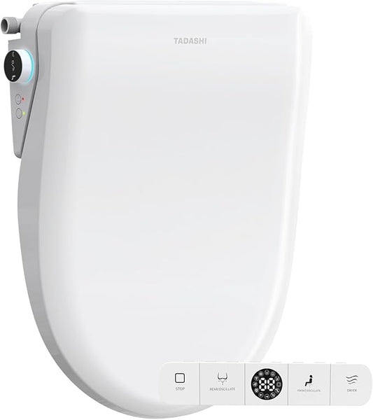 Tadashi Bidet Toilet Seat Elongated, Heated Toilet Seat, Instant Warm Water & Dryer, Feminine & Rear Wash, Self-Clean Nozzle, Slow Close Lid, Child/ECO/Silent Mode