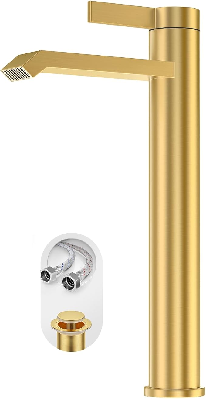 Phiestina Brushed Gold Tall Bathroom Faucet Brass Vessel Sink Faucet, Single Hole Single Handle Waterfall Above Counter Sink Faucet with Metal Pop Up Drain, FH04-BG-V
