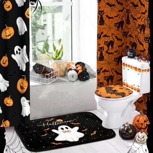 Honoson 8 Pcs Halloween Shower Curtain Set Ghost Pumpkin Bathroom Decor