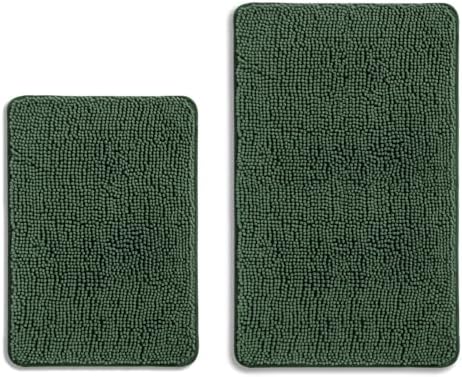 Dark Green Bathroom Rugs Sets 2 Piece – Absorbent and Washable Bath Mat, Non-Slip, Thick Soft Chenille Bath Rugs for Bathroom Floor, Shower, Sink - 17" x 24"+20" x 32"